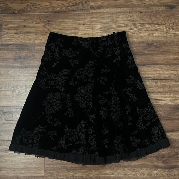 le chateau Dresses & Skirts - Le Chateau Black Velvet Skirt Floral‎ Embroidery Ruffle Trim Whimsygoth Fairy